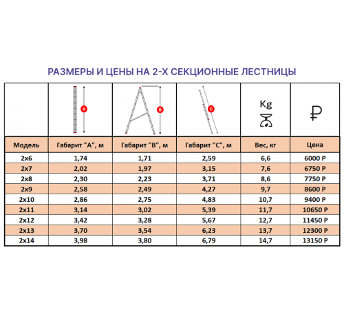 Лестница алюминиевая 2х6 (2,59м)
